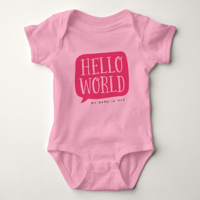 Pink Hello World Personalised Name Baby Bodysuit (Front)