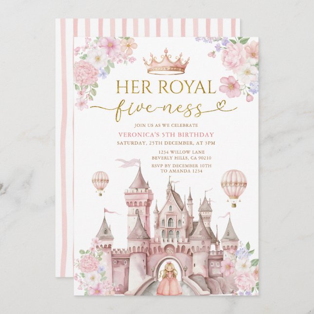 Pink Her Royal five-ness birthday Castle Crown Invitation (Front/Back)