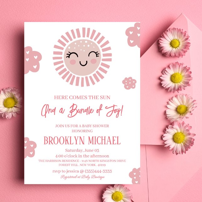 Pink Here Comes The Sun, Sunshine Baby Girl Shower Invitation (Creator Uploaded)