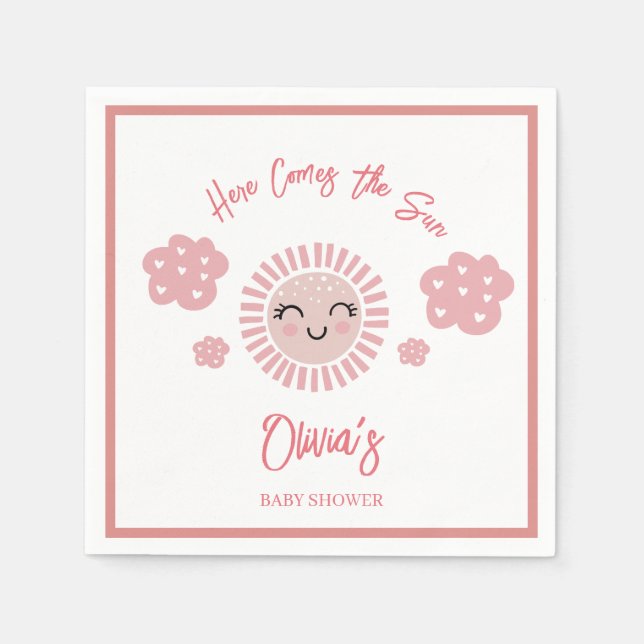 Pink Here Comes The Sun Sunshine Girl Baby Shower Napkin (Front)