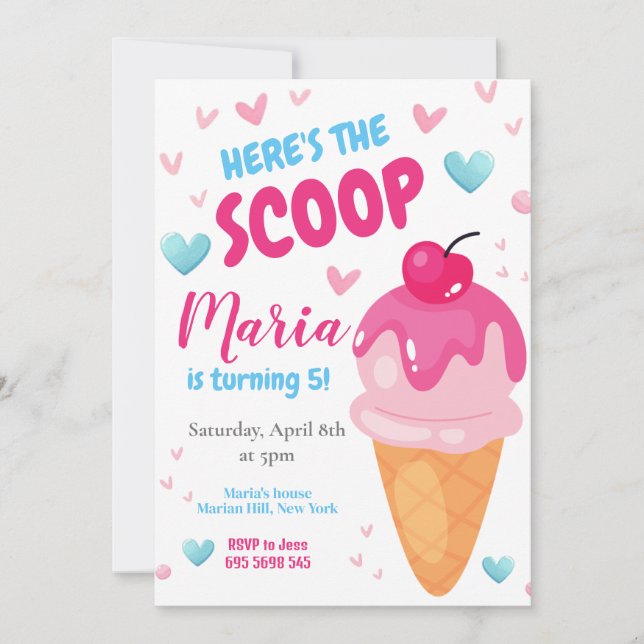 Pink Here's the scoop Kids Birthday Invitation (Front)