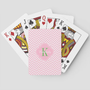 Pink Herringbone Green Monogram Playing Cards