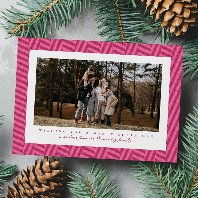 Pink herringbone tweed frame cute Christmas photo Holiday Card (Creator Uploaded)