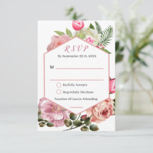 Pink Hexagon Watercolor Floral Wedding RSVP Card