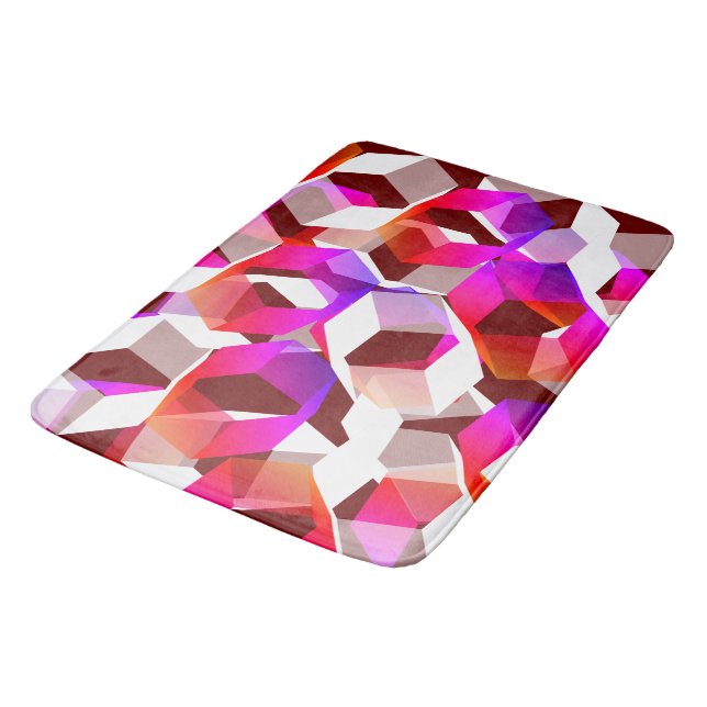 Pink hexagons and more colours, dark red backgroun bath mat (Angled)