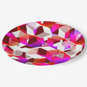 Pink hexagons and more colours, dark red backgroun paper plate