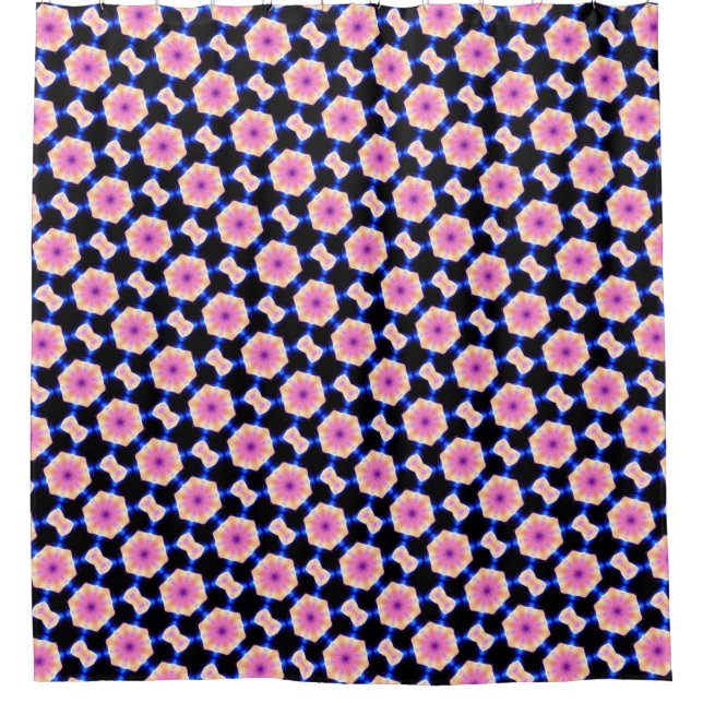 pink hexagons on black pattern shower curtain (Front)