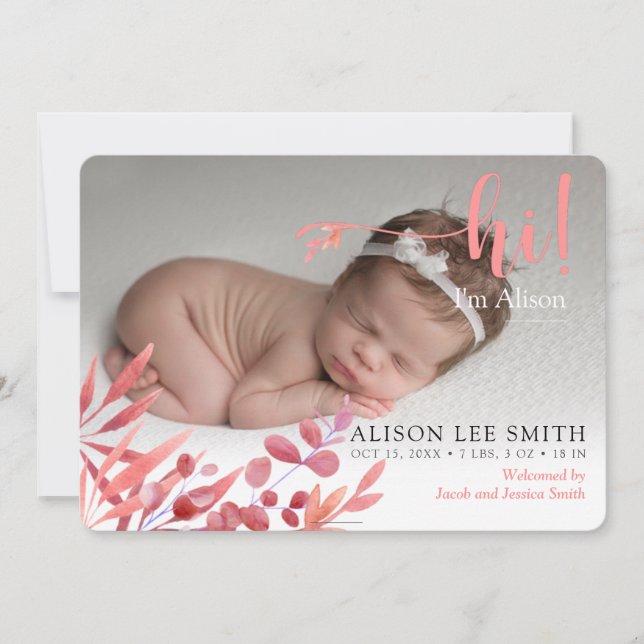 Pink "Hi" with leaves birth Announcement Card (Front)