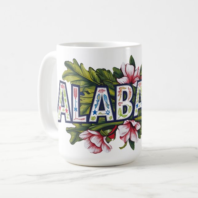 Pink Hibiscus Alabama Typography Coffee Mug (Front Left)