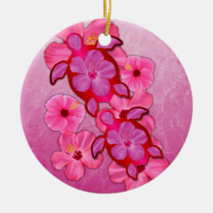 Pink Hibiscus And Honu Turtles Ceramic Tree Decoration