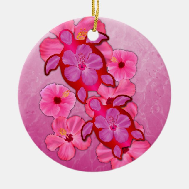 Pink Hibiscus And Honu Turtles Ceramic Tree Decoration (Front)