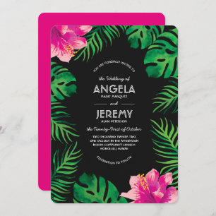 Pink Hibiscus and Tropical Leaves Wedding Invitation