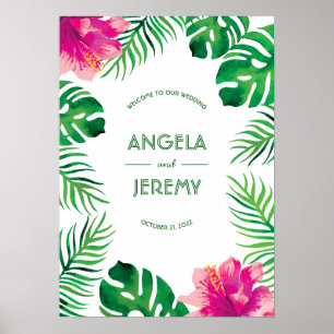 Pink Hibiscus and Tropical Leaves Wedding Poster