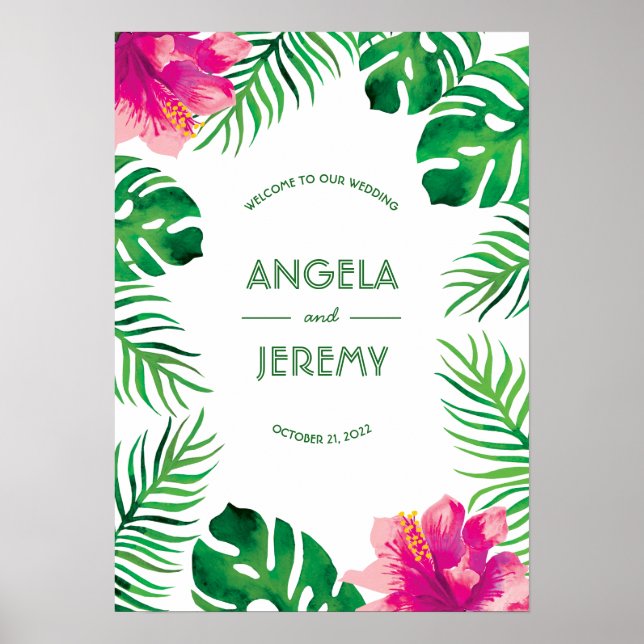 Pink Hibiscus and Tropical Leaves Wedding Poster (Front)