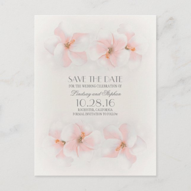 Pink hibiscus beach save the date postcards (Front)