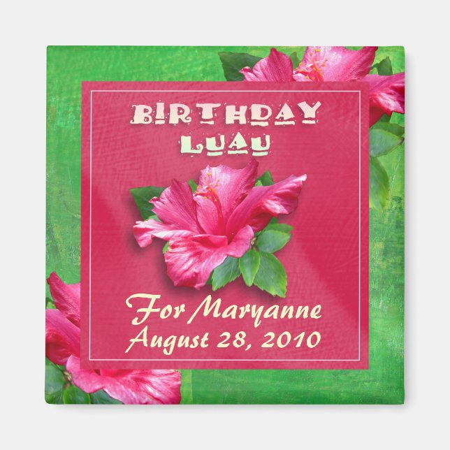 Pink Hibiscus Birthday Luau Magnets (Front)