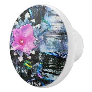 Pink Hibiscus Black and White Landscape Collage Ceramic Knob