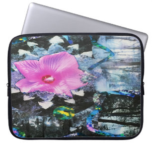 Pink Hibiscus Black and White Landscape Collage Laptop Sleeve