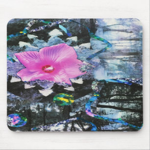 Pink Hibiscus Black and White Landscape Collage Mouse Pad