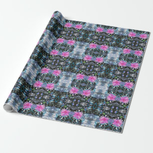 Pink Hibiscus Black and White Landscape Collage Wrapping Paper