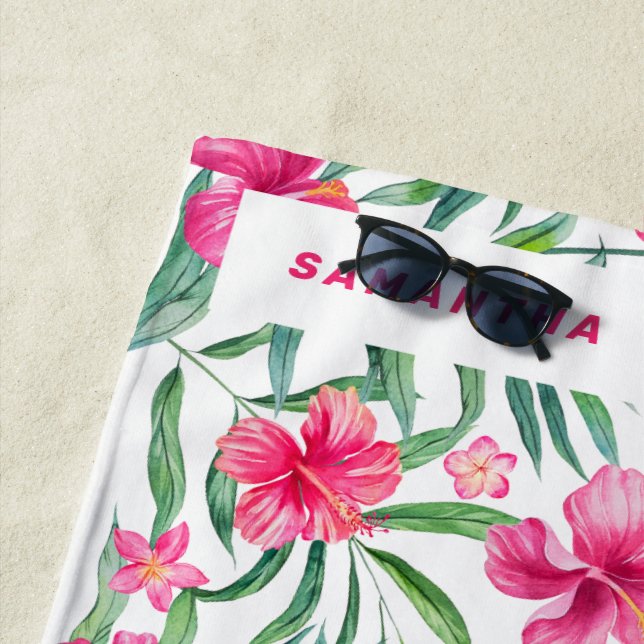 Pink Hibiscus exotic tropical flowers pattern Beach Towel (In Situ)