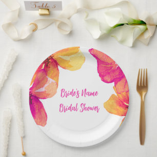 Pink Hibiscus Floral Bridal Shower Invitation Paper Plate