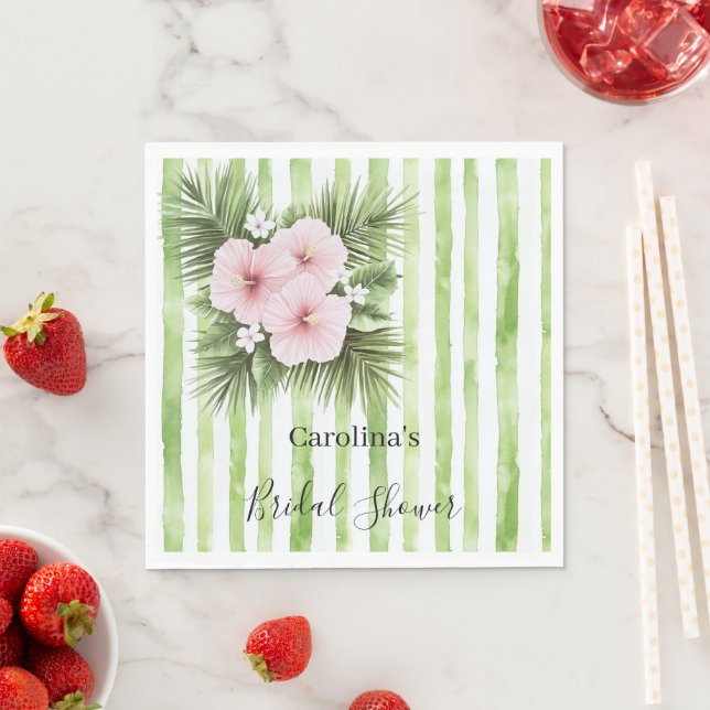 Pink Hibiscus Floral Green Stripes Bridal Shower Napkin (Insitu)