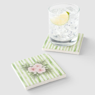 Pink Hibiscus Floral Green Stripes Stone Coaster