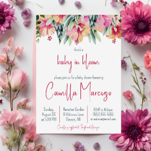 Pink Hibiscus Flower Baby in Bloom Baby Shower Invitation
