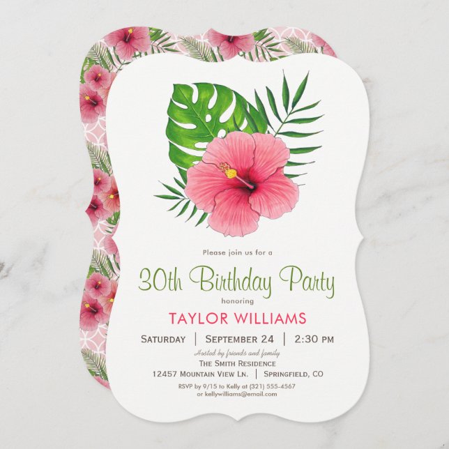 Pink Hibiscus Flower Birthday Party Invitation (Front/Back)