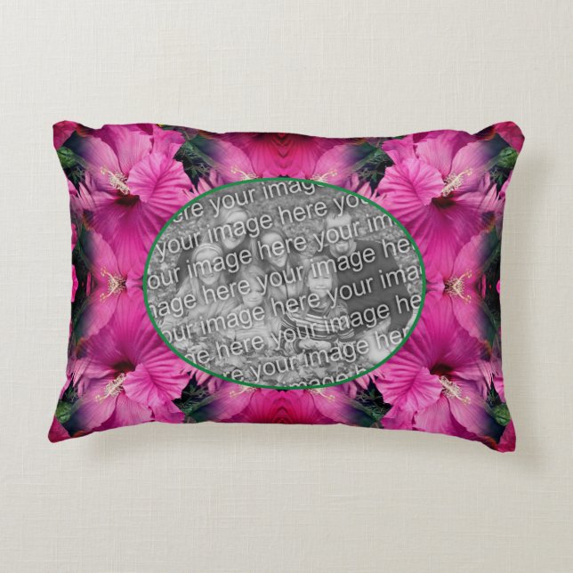 Pink Hibiscus Flower Frame Create Your Own Photo Decorative Cushion (Back)