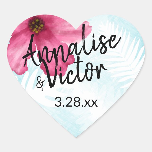 Pink Hibiscus Flower Heart Sticker (Front)
