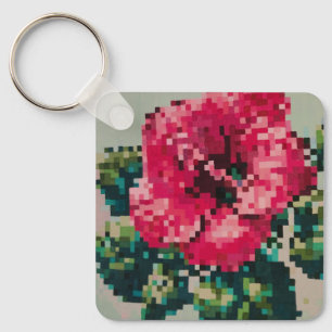 Pink hibiscus flower in pixel art key ring