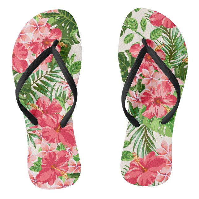 Pink Hibiscus Flower Leaves light Background FlipF Thongs (Footbed)
