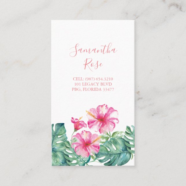 Pink Hibiscus Flower  Monstera Palm Leaves Business Card (Front)