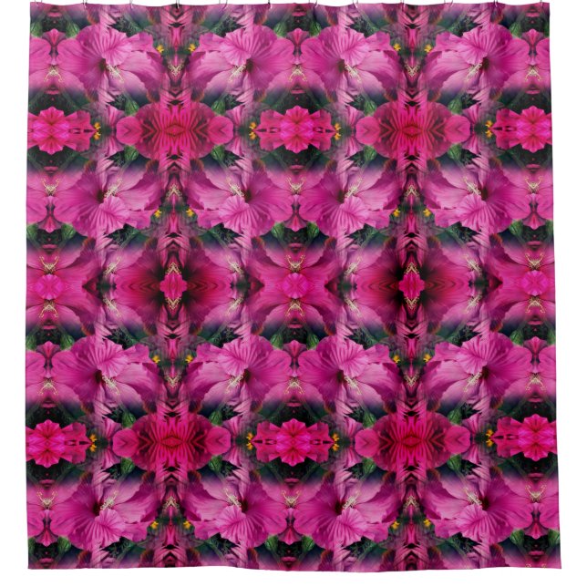 Pink Hibiscus Flower Multiplied Abstract Pattern Shower Curtain (Front)