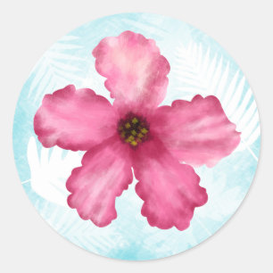 Pink Hibiscus Flower Round Wedding Sticker