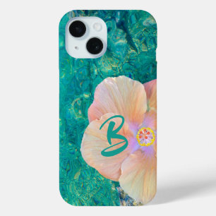 Pink hibiscus flower turquoise water tropical iPhone 15 case