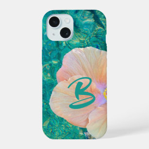 Pink hibiscus flower turquoise water tropical iPhone 15 case