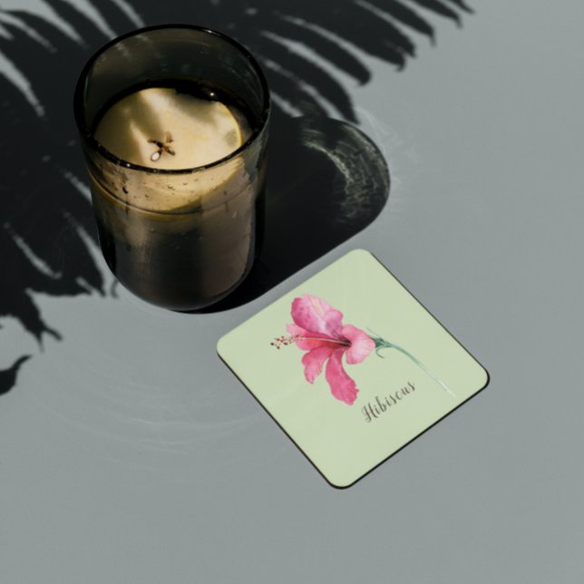 Pink Hibiscus Flower Watercolor Square Paper Coaster (Creator Uploaded)