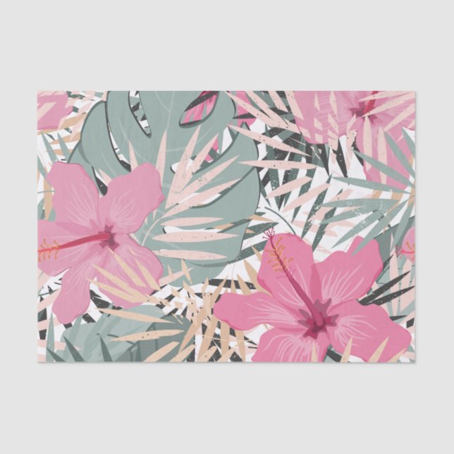 Pink Hibiscus Flowers and Large Tropical Leaves  Tissue Paper (Front)