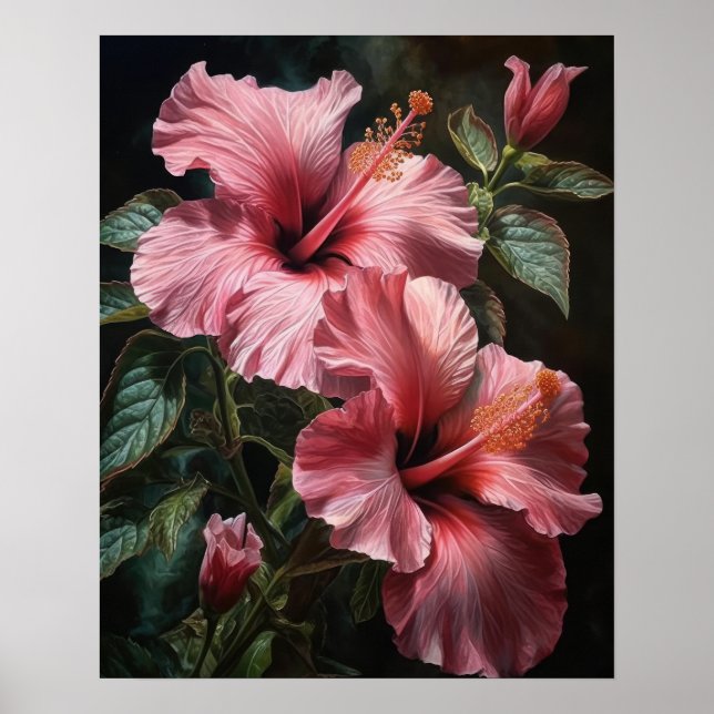 Pink Hibiscus Flowers Art Print Poster (Front)