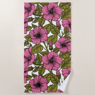 Pink hibiscus flowers beach towel