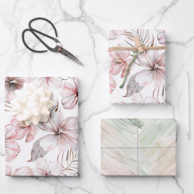 Pink Hibiscus Flowers Birthday Wrapping Paper Sheet (Front)