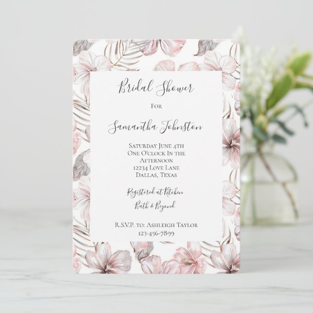 Pink Hibiscus Flowers Bridal Shower Invitation (Standing Front)