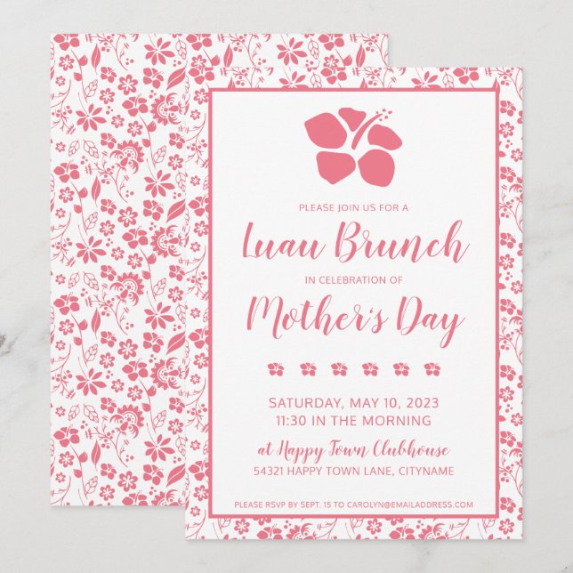 Pink Hibiscus Flowers Brunch Luau Mothers Day Invitation (Front/Back)