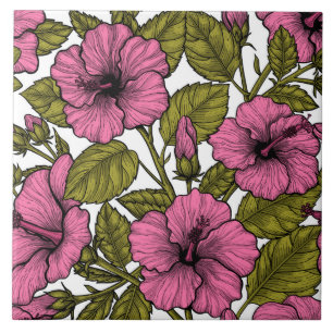 Pink hibiscus flowers ceramic tile