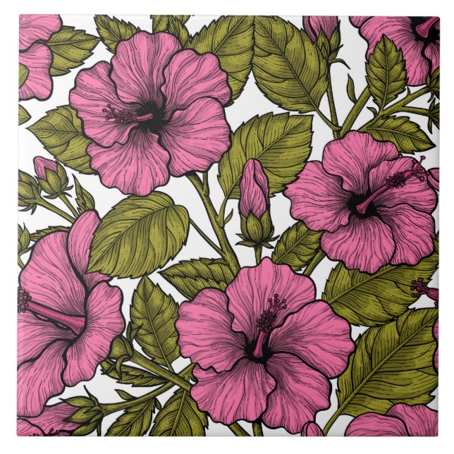 Pink hibiscus flowers ceramic tile (Front)