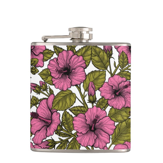 Pink hibiscus flowers hip flask (Front)