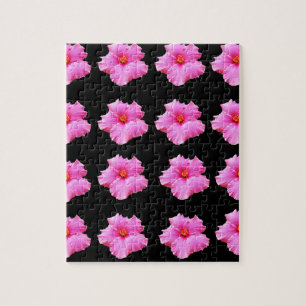 Pink Hibiscus Flowers On Black,_ Jigsaw Puzzle